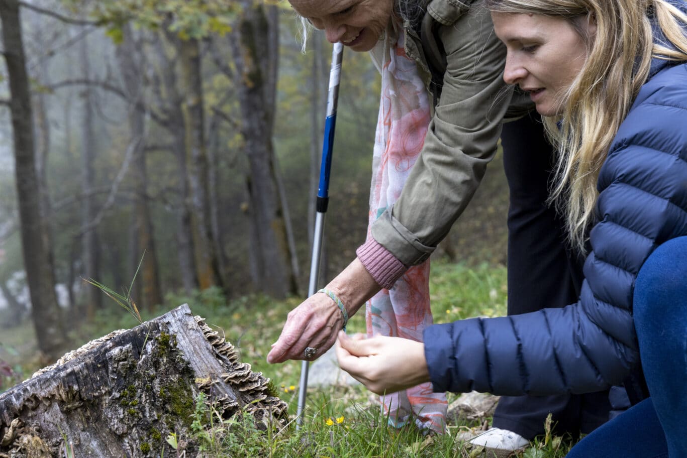 Mother and adult daughter walk through hardwood forest