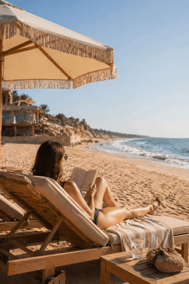 woman on beach lounger at Casa de Sada